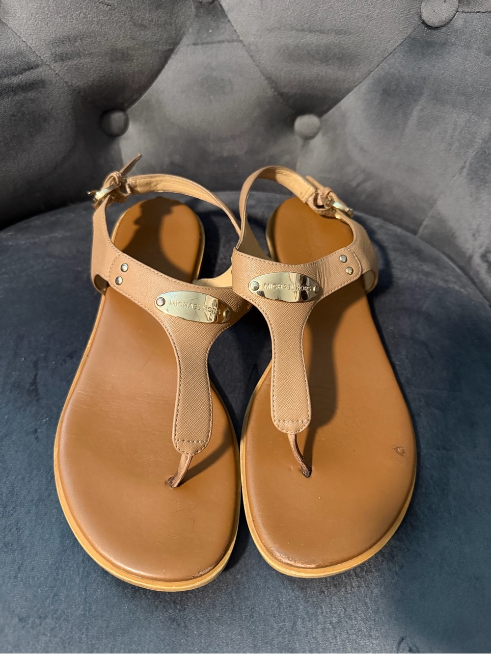 Michael Kors Tan Brown Leather T-Strap Sandals with Gold Hardware
